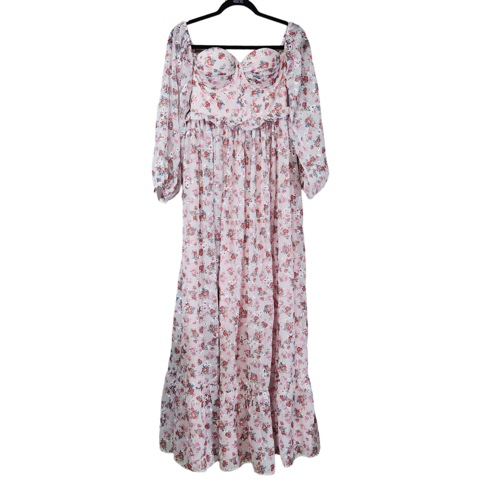 Alamour Evalyn Maxi Dress Size Medium Pink Floral Off Shoulder Semi-Sheer NWT